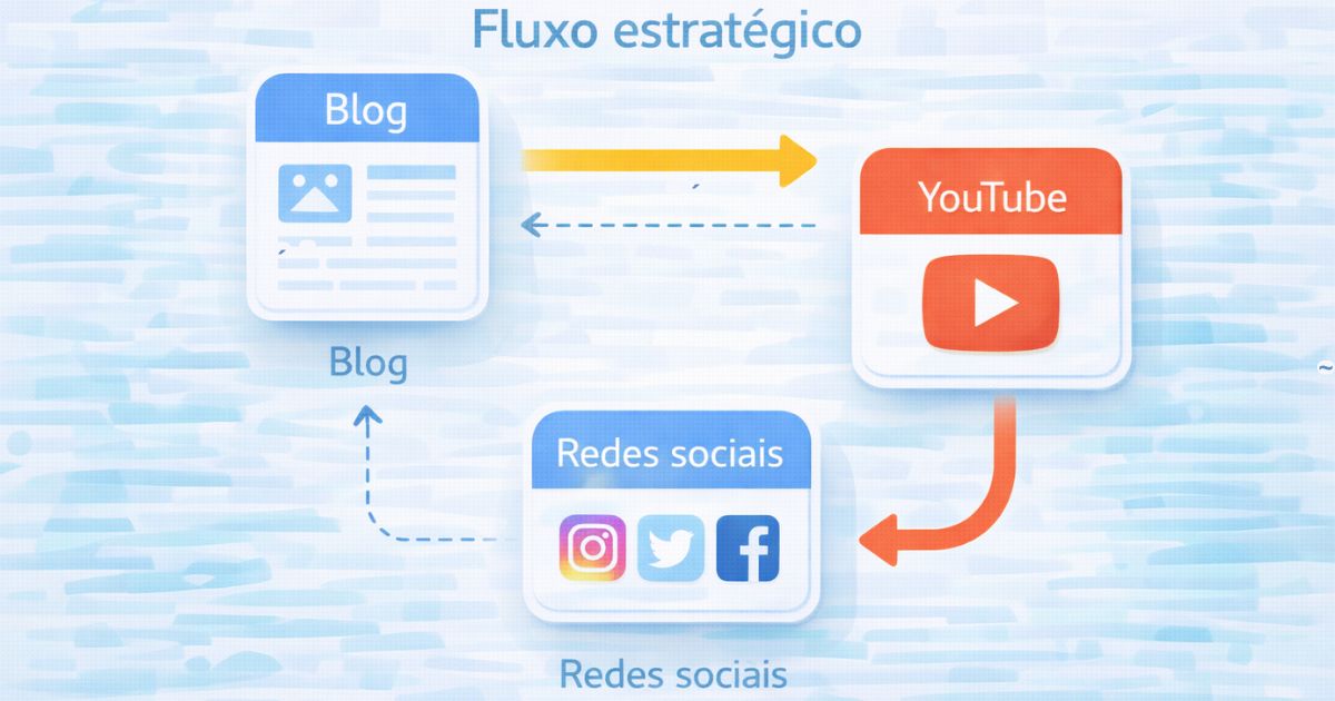 Ilustração moderna mostrando blog, YouTube e redes sociais conectados em fluxo estratégico.