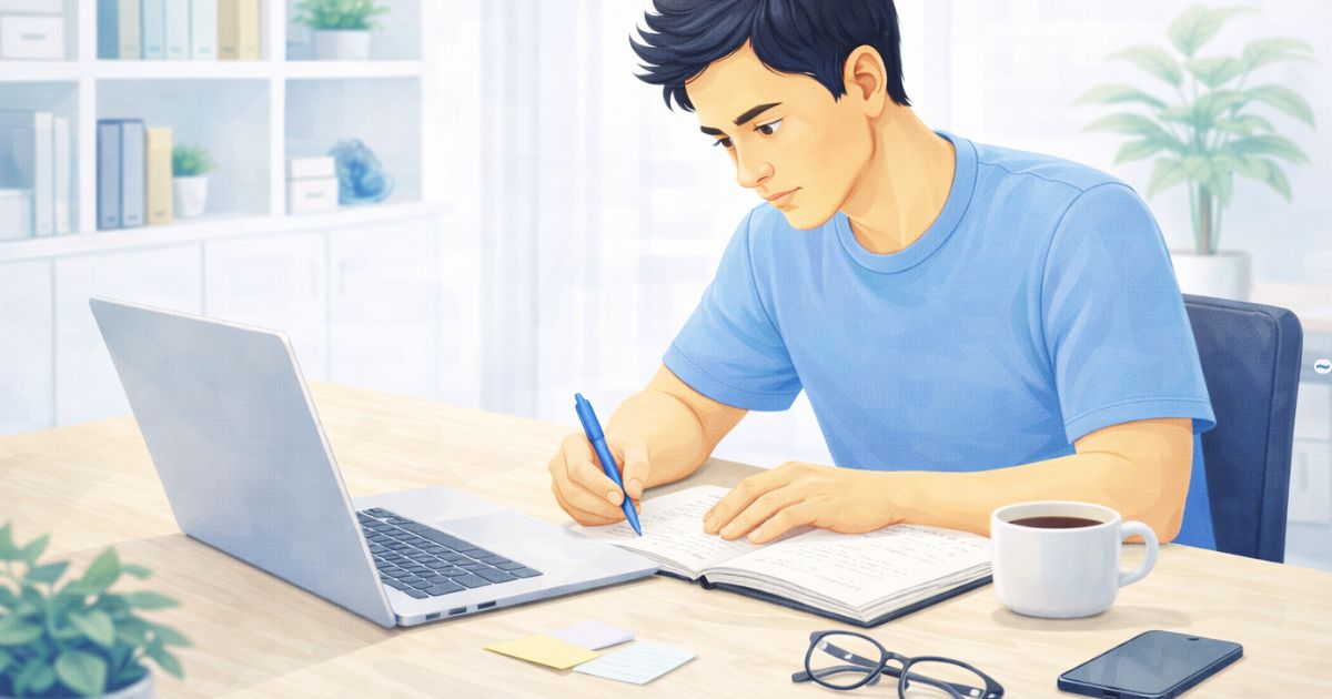 Criador focado escrevendo com expressão determinada em ambiente organizado, sensação de constância e construção a longo prazo.