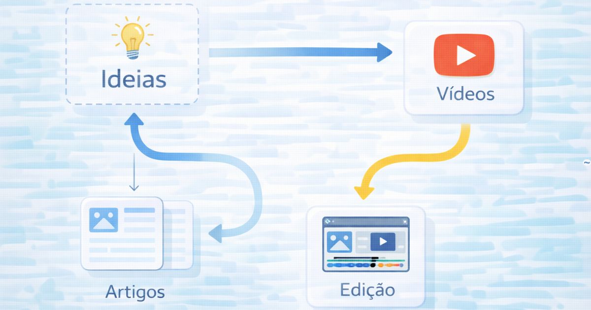Fluxo visual de conte�dos organizados em etapas, com setas ligando artigos e v�deos.