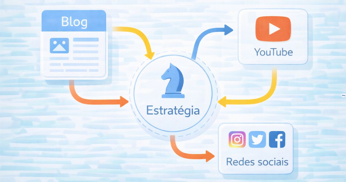 Representa��o visual de blog, YouTube e redes sociais integrados em estrat�gia �nica.