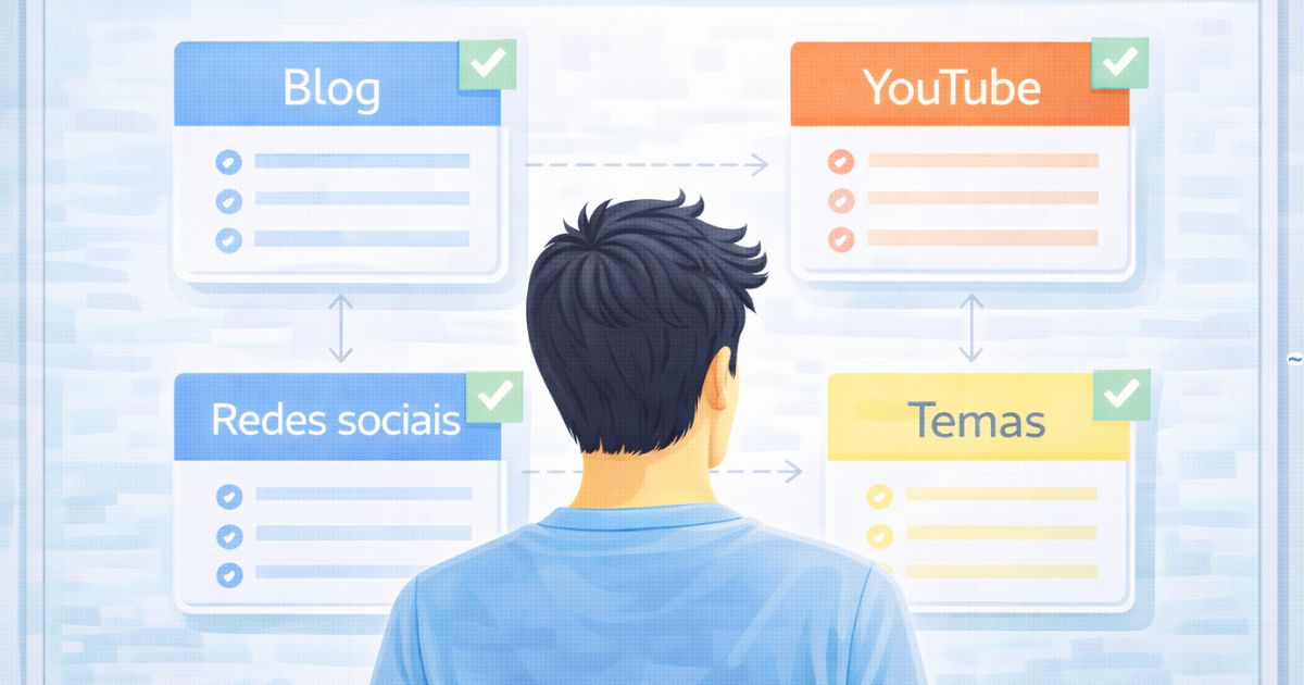 Criador observando um quadro organizado com blocos conclu�dos, sensa��o de progresso e controle.