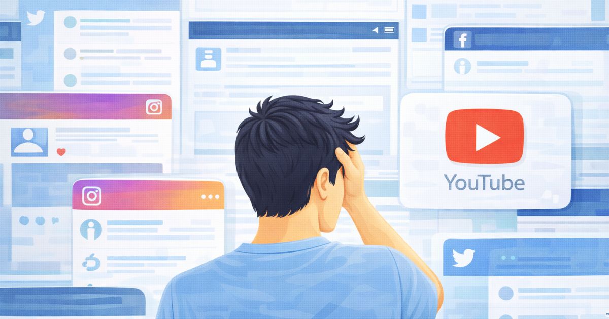 Criador cercado por v�rias telas de redes sociais com excesso de informa��es e falta de foco estrat�gico no marketing digital