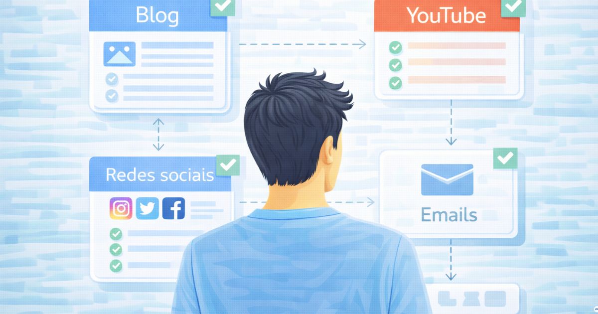 Criador observando um planejamento organizado em v�rias plataformas, sensa��o de controle e clareza, estilo clean e moderno