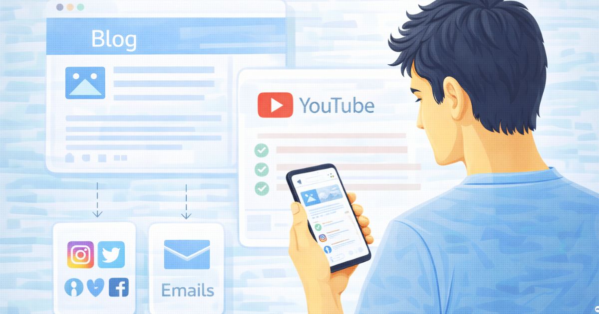 Criador analisando celular com interface de redes sociais enquanto blog e YouTube aparecem ao fundo representando decis�o estrat�gica no marketing digital