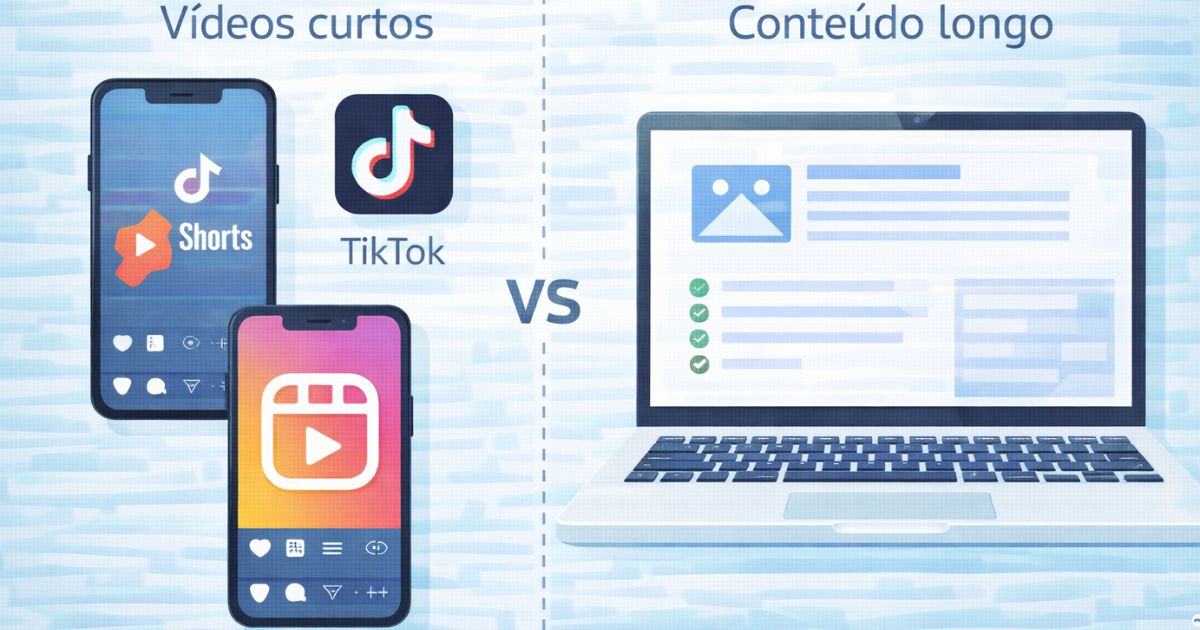 Compara��o visual entre v�deos curtos verticais e conte�do longo estruturado em notebook, estilo moderno e did�tico