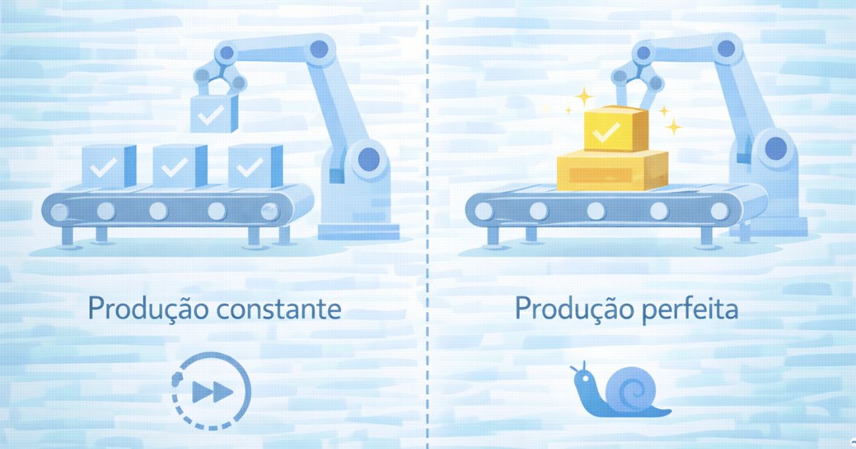 Ilustra��o minimalista comparando produ��o constante simples com produ��o perfeita por�m lenta, estilo educativo