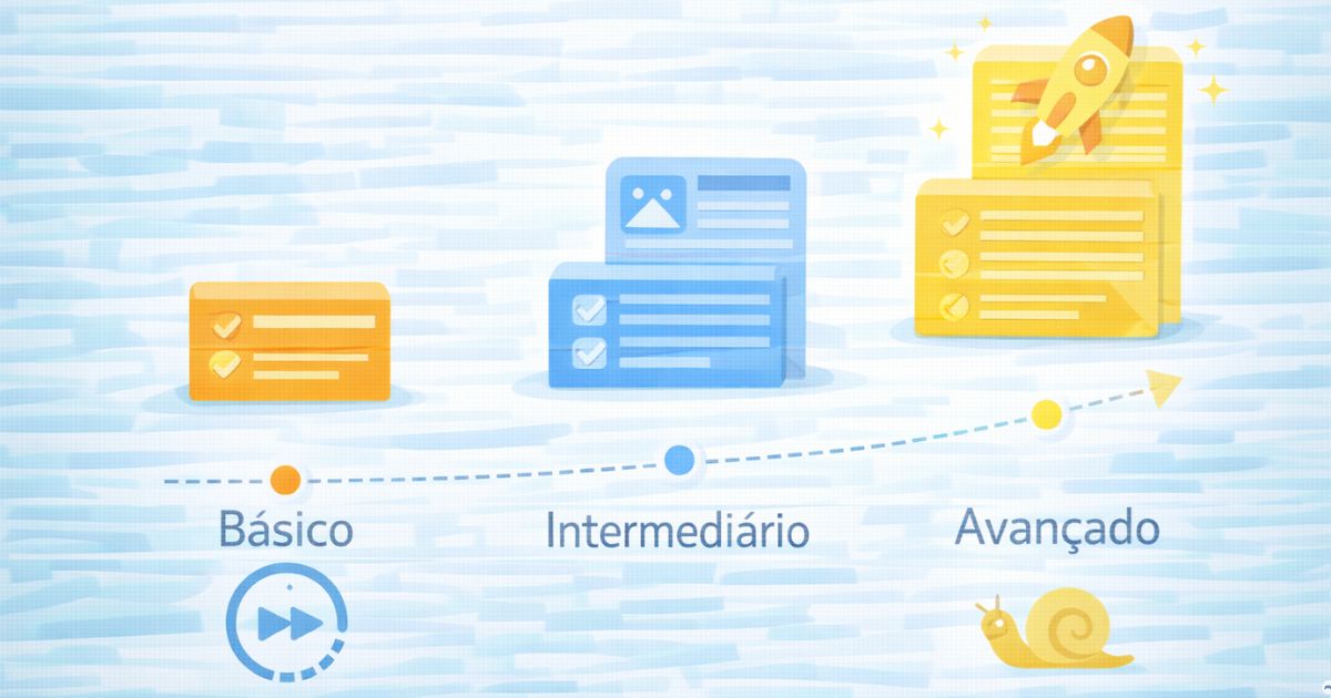 Linha do tempo visual mostrando evolu��o de conte�do do b�sico ao avan�ado, design limpo e did�tico