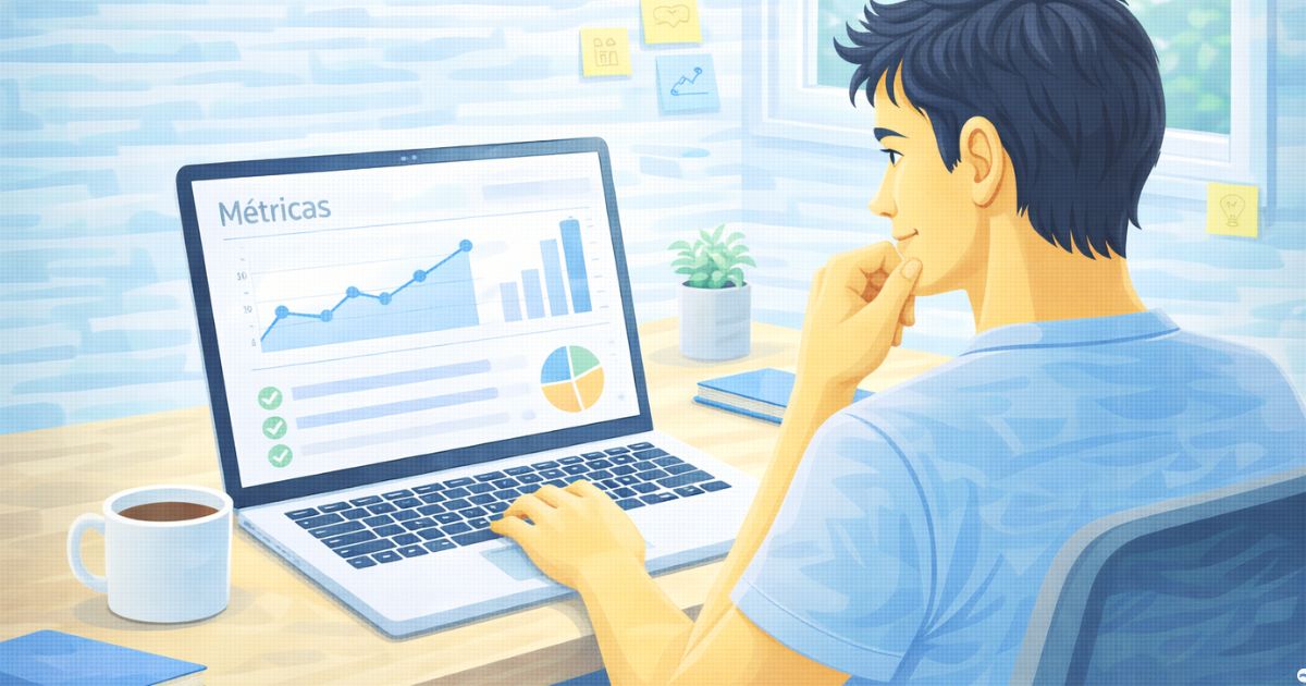 Criador analisando m�tricas no notebook com express�o reflexiva representando decis�es estrat�gicas sobre monetiza��o de conte�do a longo prazo