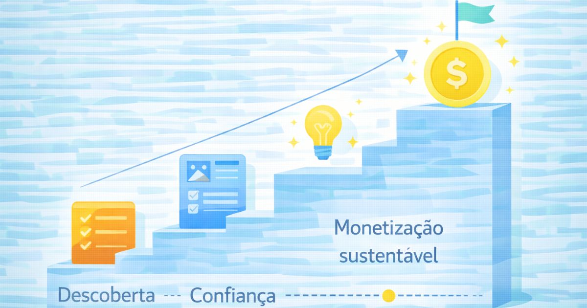 Escada simb�lica representando crescimento de conte�do at� monetiza��o sustent�vel, design limpo