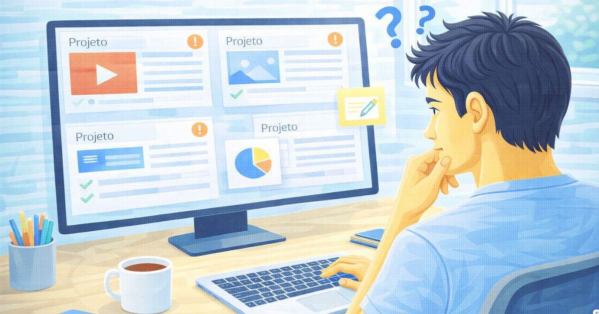 pessoa olhando para tela com v�rios projetos iniciados sentindo d�vida sobre qual caminho seguir no marketing digital