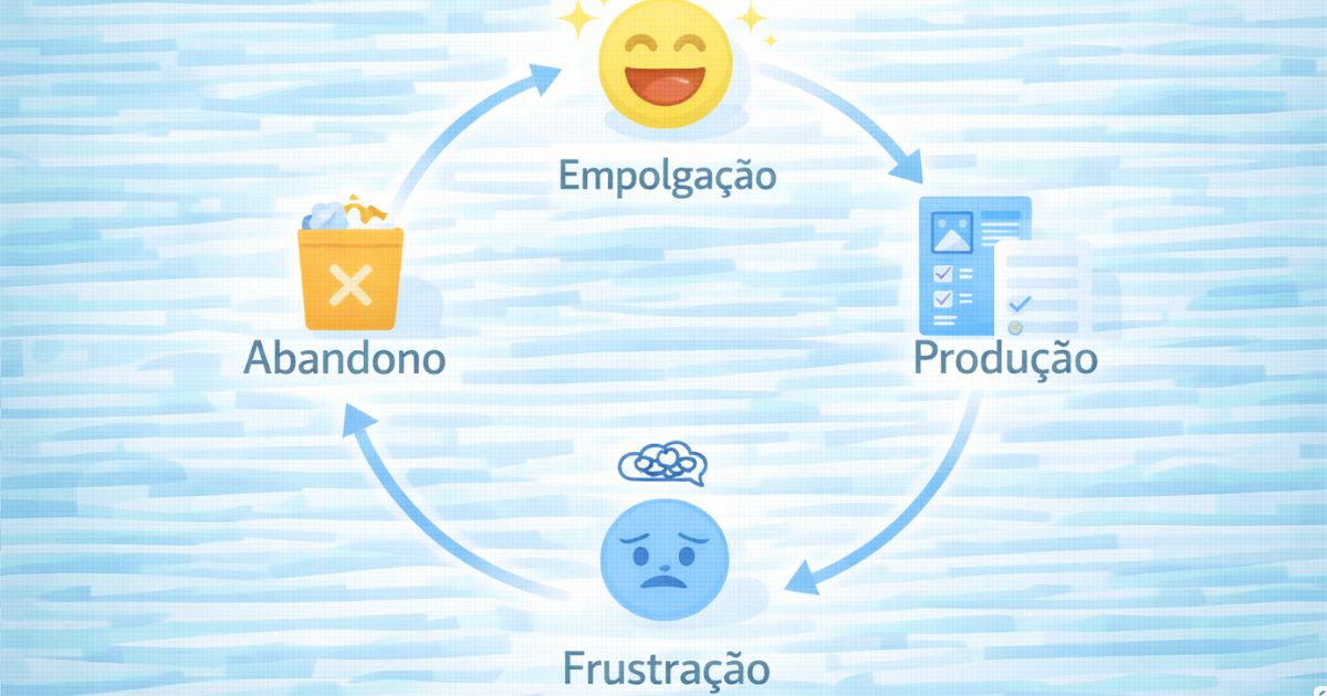 Diagrama circular representando ciclo de empolga��o, produ��o, frustra��o e abandono, estilo educativo e clean