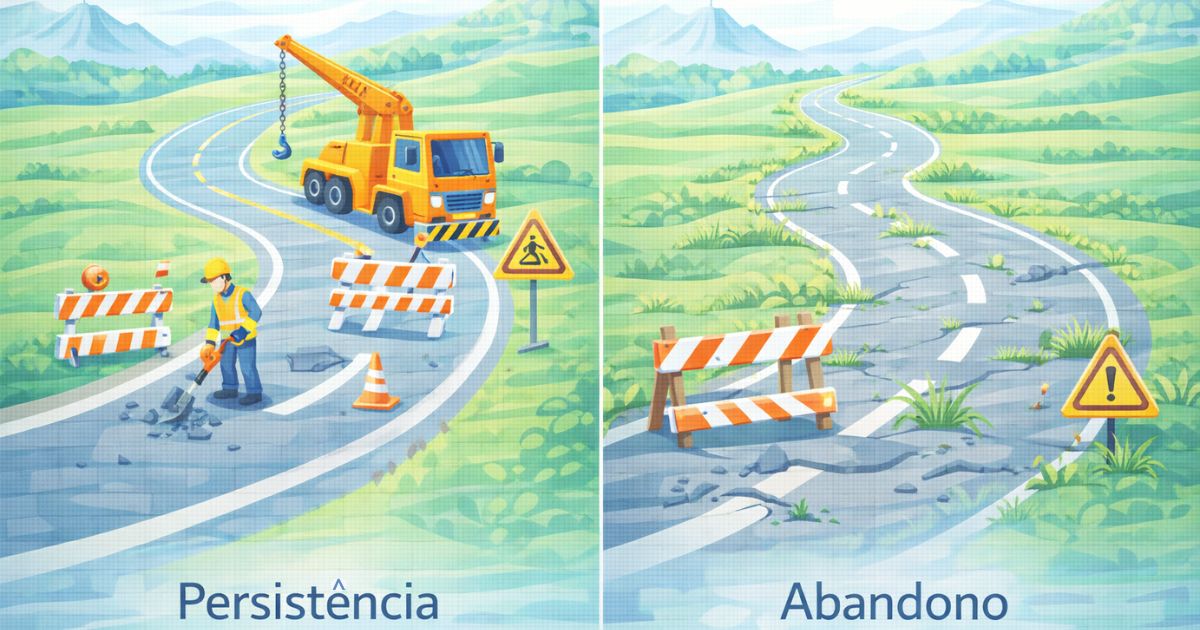 Ilustra��o comparando estrada sendo ajustada versus estrada sendo abandonada, conceito de persist�ncia