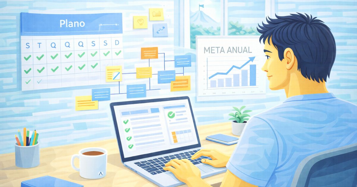 Criador trabalhando com foco e planejamento organizado, sensa��o de estabilidade e vis�o de longo prazo