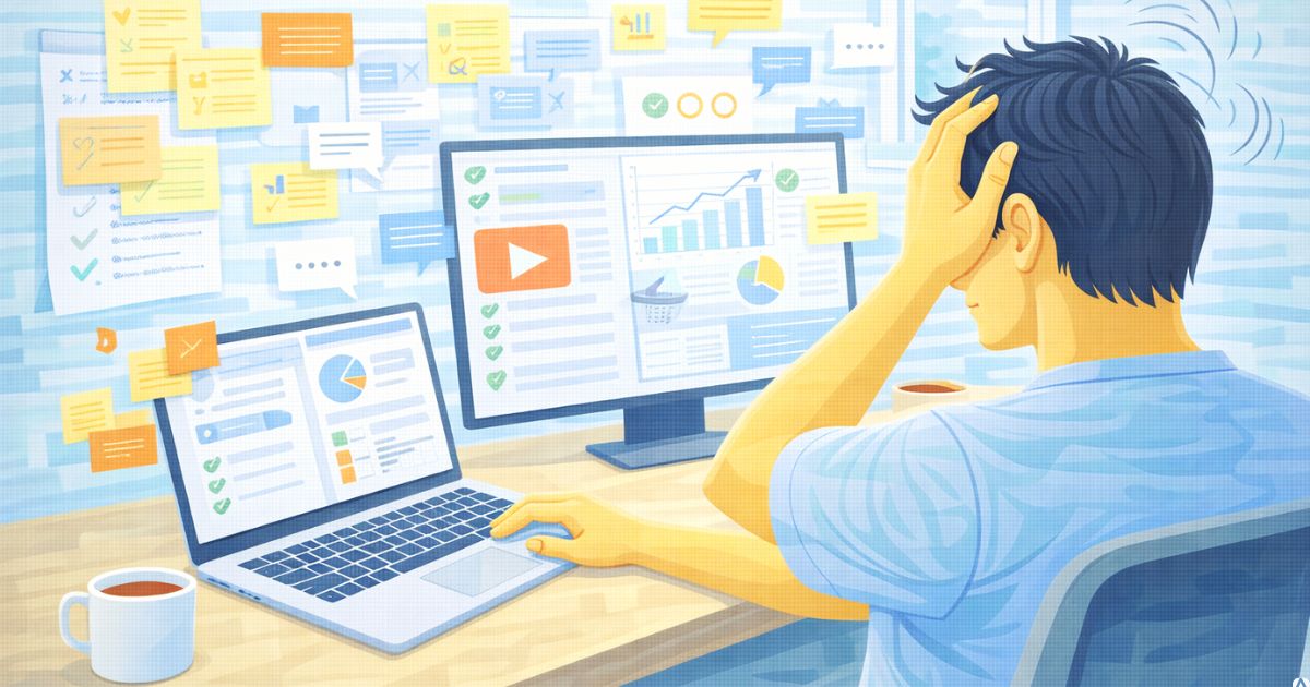 pessoa analisando várias anotações e telas com sensação de sobrecarga de informação no marketing digital