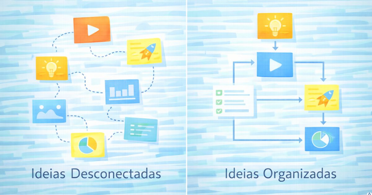 Ilustração mostrando múltiplas ideias desconectadas versus ideias organizadas em fluxo lógico, estilo educativo