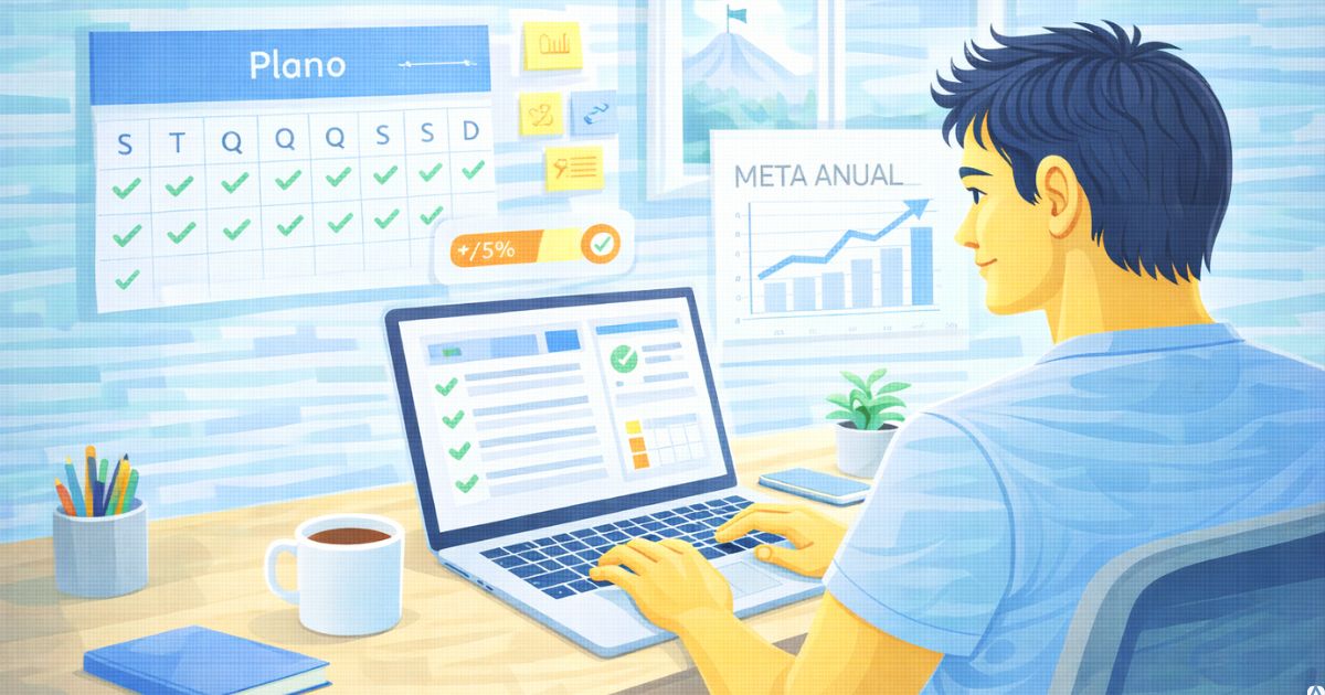 Criador com planejamento organizado em notebook, sensação de clareza, foco e progresso consistente