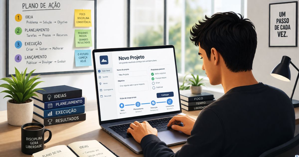 pessoa iniciando projeto digital no notebook com planejamento organizado e foco em consist�ncia