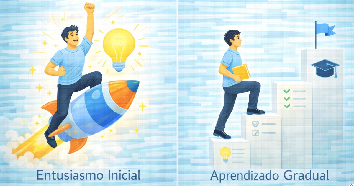 Ilustra��o comparando entusiasmo inicial com fase de aprendizado gradual, estilo minimalista educativo