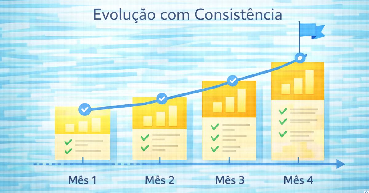 Linha do tempo mostrando evolu��o de consist�ncia ao longo dos primeiros meses, design limpo
