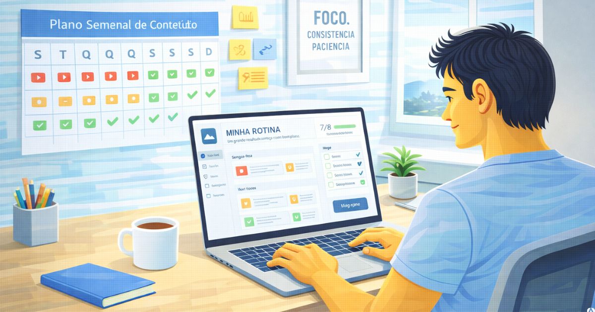 Criador trabalhando com tranquilidade ap�s organizar rotina de conte�do, sensa��o de estabilidade e progresso