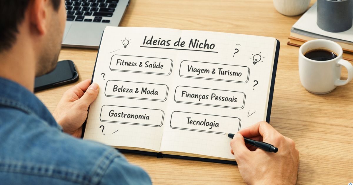 pessoa analisando ideias de nicho em notebook ou quadro planejando projeto digital