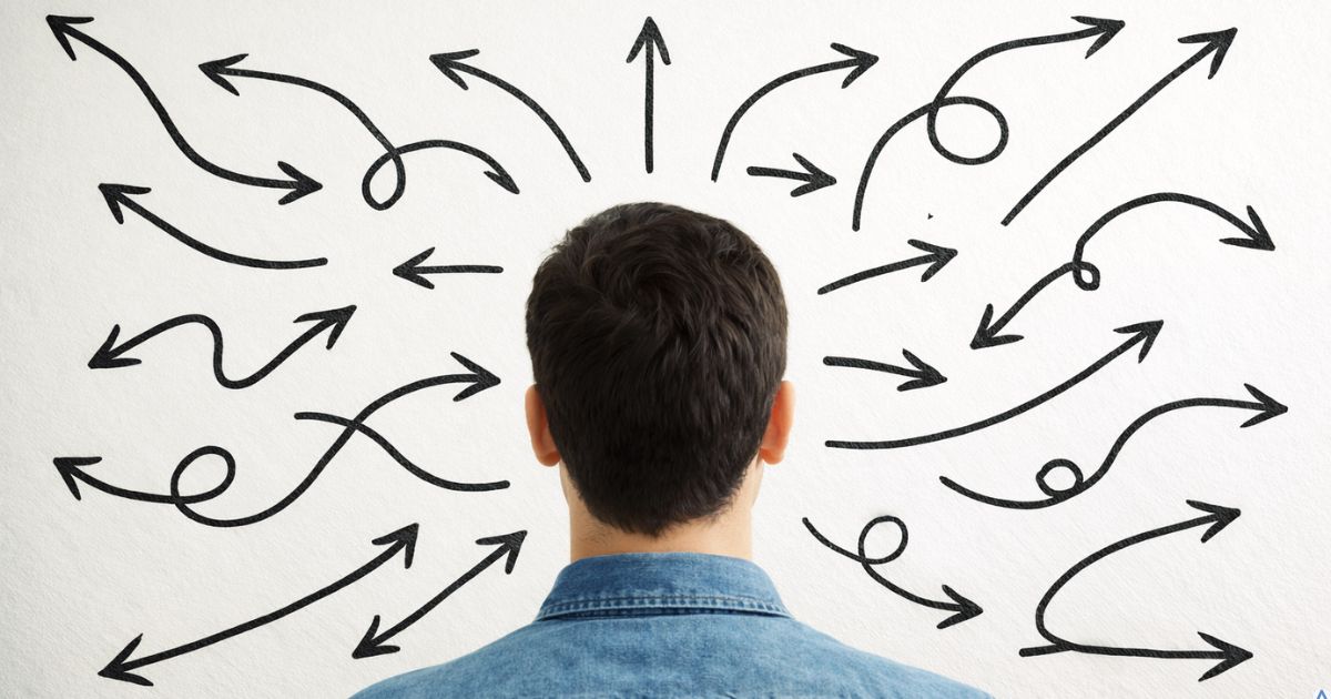 Ilustração mostrando várias setas apontando para direções diferentes, representando indecisão estratégica