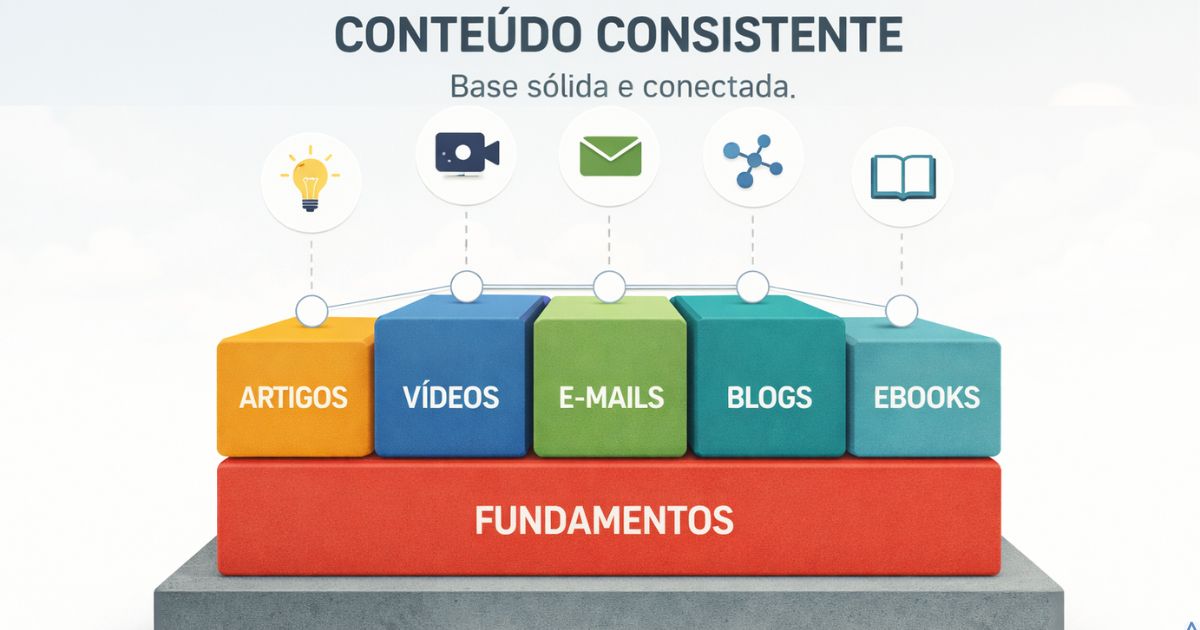 Representação visual de conteúdos conectados formando base sólida, estilo minimalista educativo