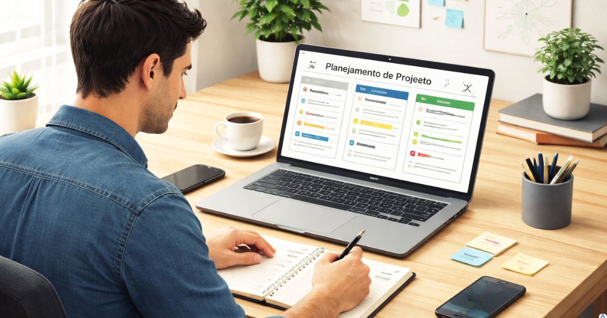 Criador trabalhando com foco em projeto estruturado, sensação de clareza e progresso consistente