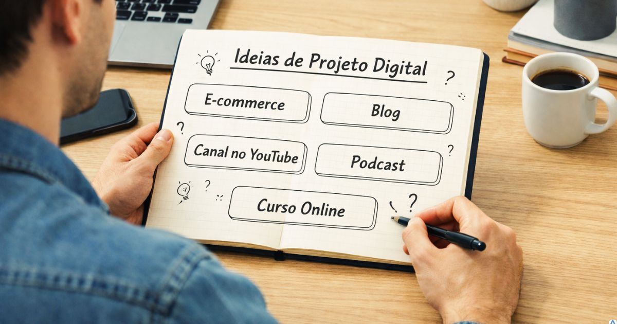 pessoa analisando ideias de projeto digital em notebook ou quadro planejando estratégia online