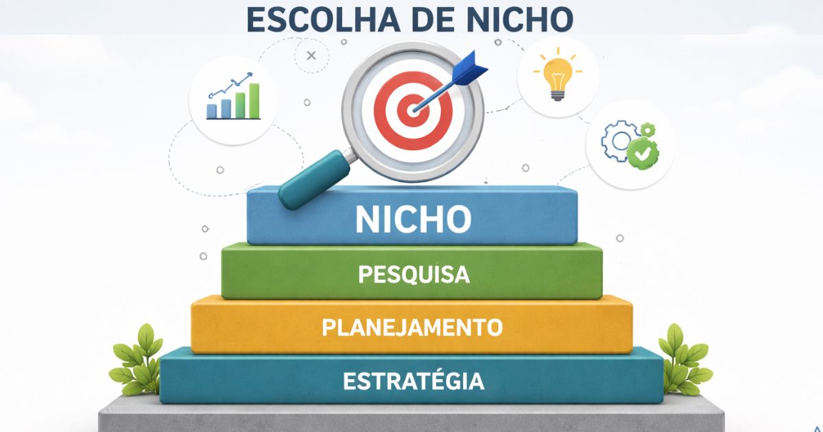 Ilustração minimalista mostrando base sólida sustentando escolha de nicho, conceito de planejamento