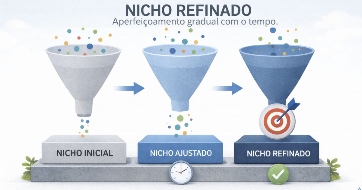 Representação visual de nicho sendo refinado ao longo do tempo, estilo educativo e limpo