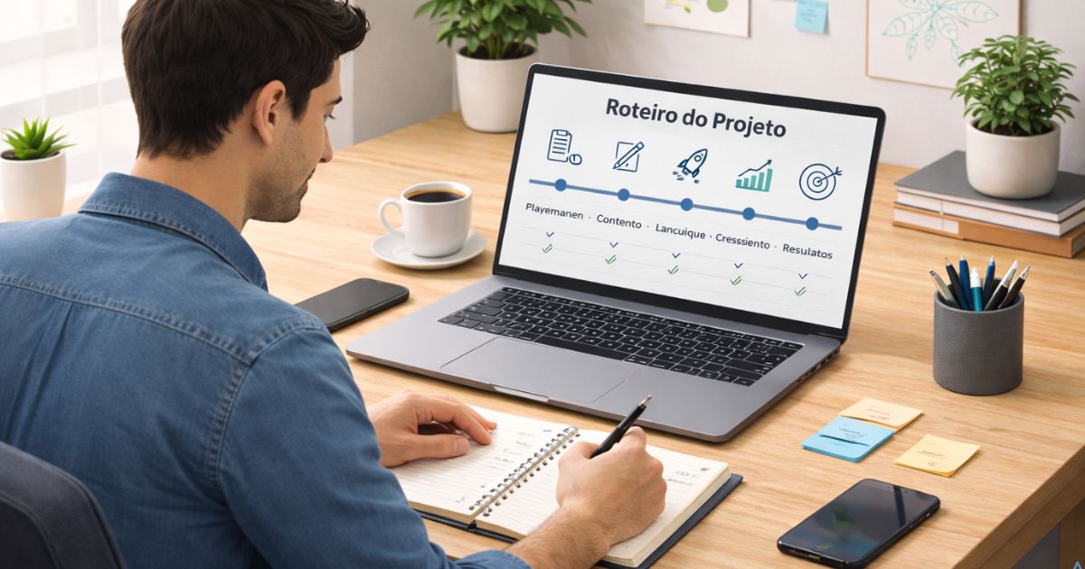 Criador trabalhando com clareza e planejamento estruturado, sensação de direção e consistência