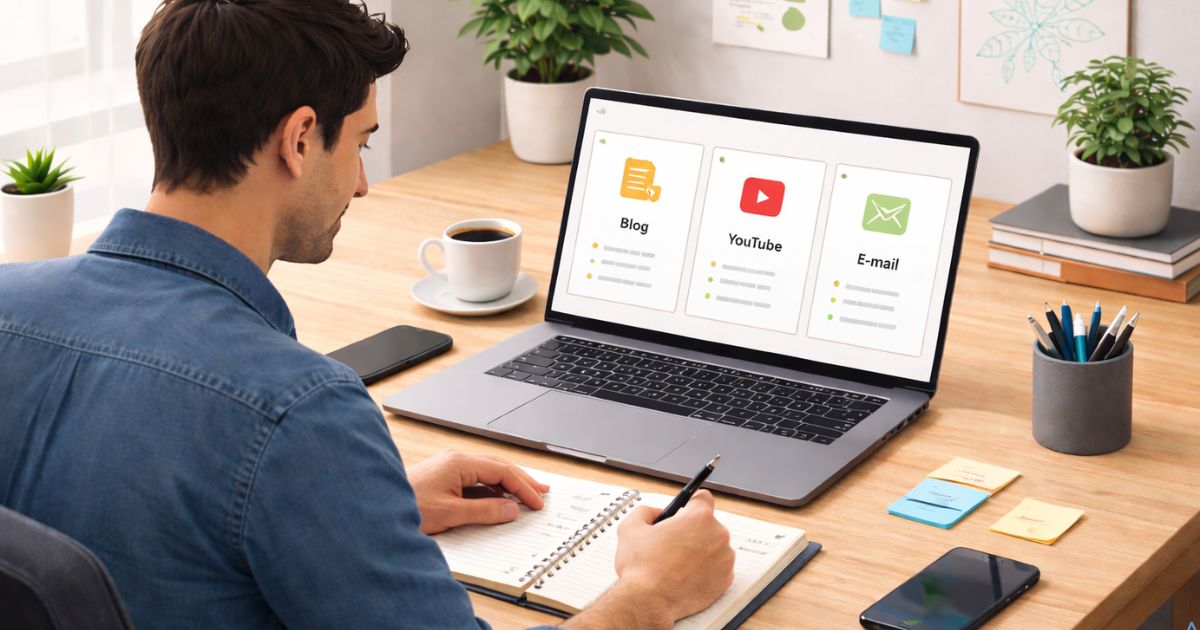 pessoa analisando op��es de blog youtube e email marketing em notebook planejando estrat�gia digital