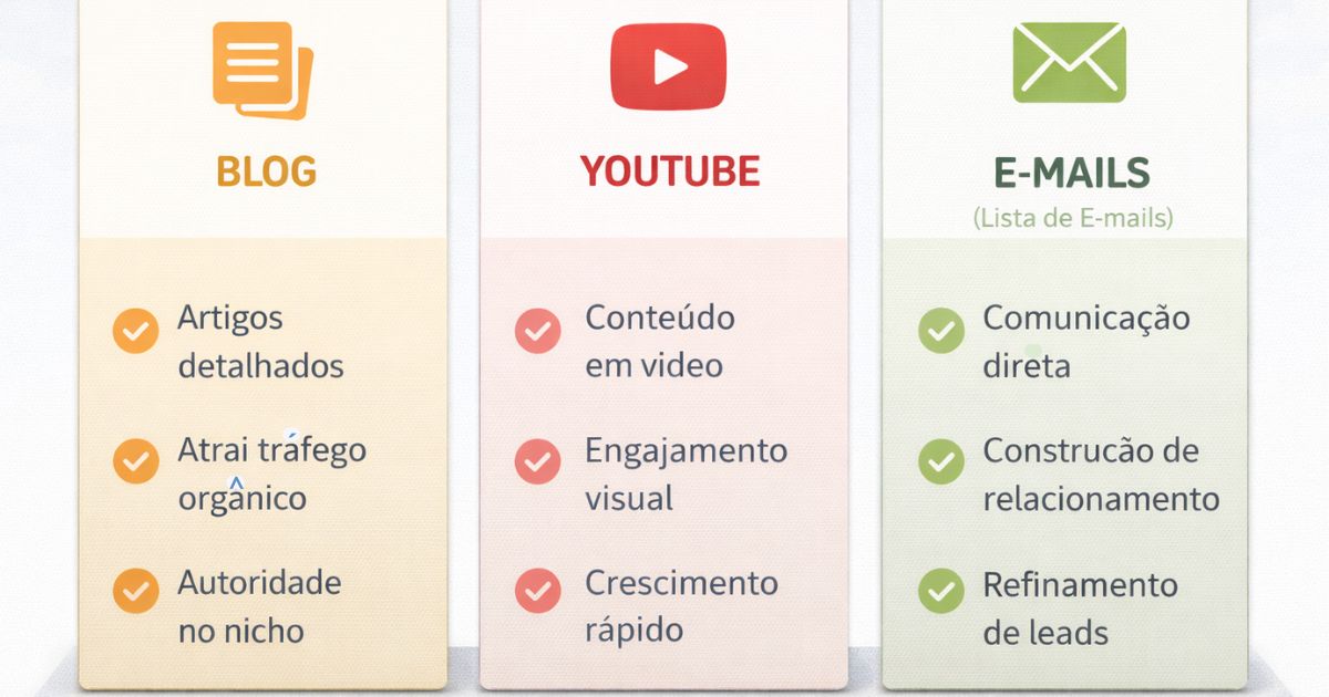 Ilustra��o comparando blog, YouTube e lista de e-mails com �cones e caracter�sticas, estilo educativo