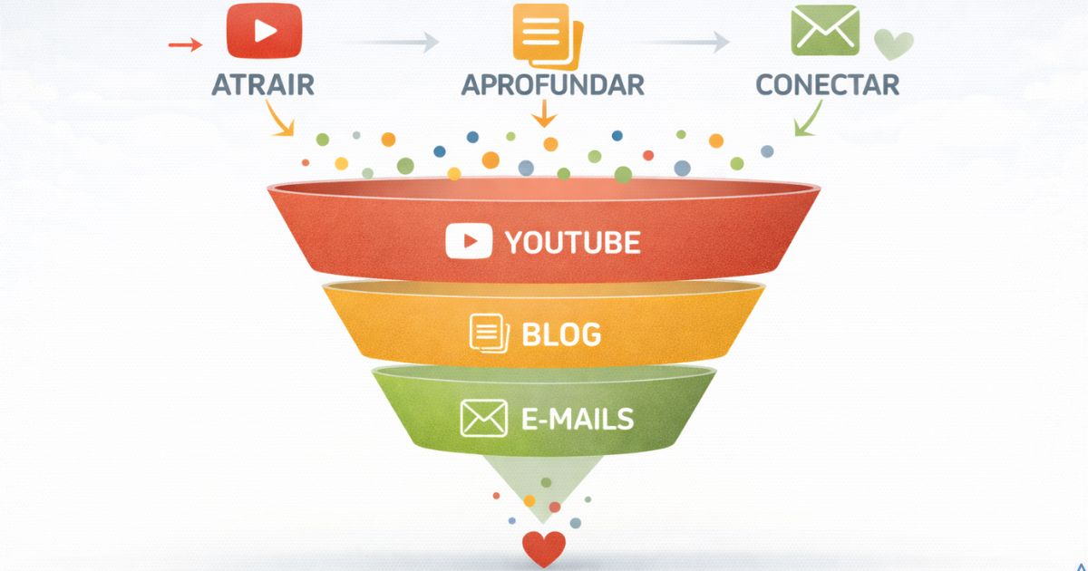 Representa��o visual de YouTube atraindo, blog aprofundando e e-mail conectando, design limpo