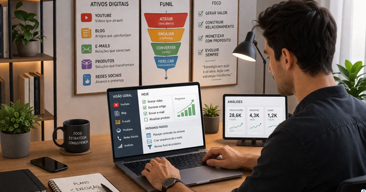 Criador trabalhando com m�ltiplos ativos digitais organizados, sensa��o de clareza e estrat�gia