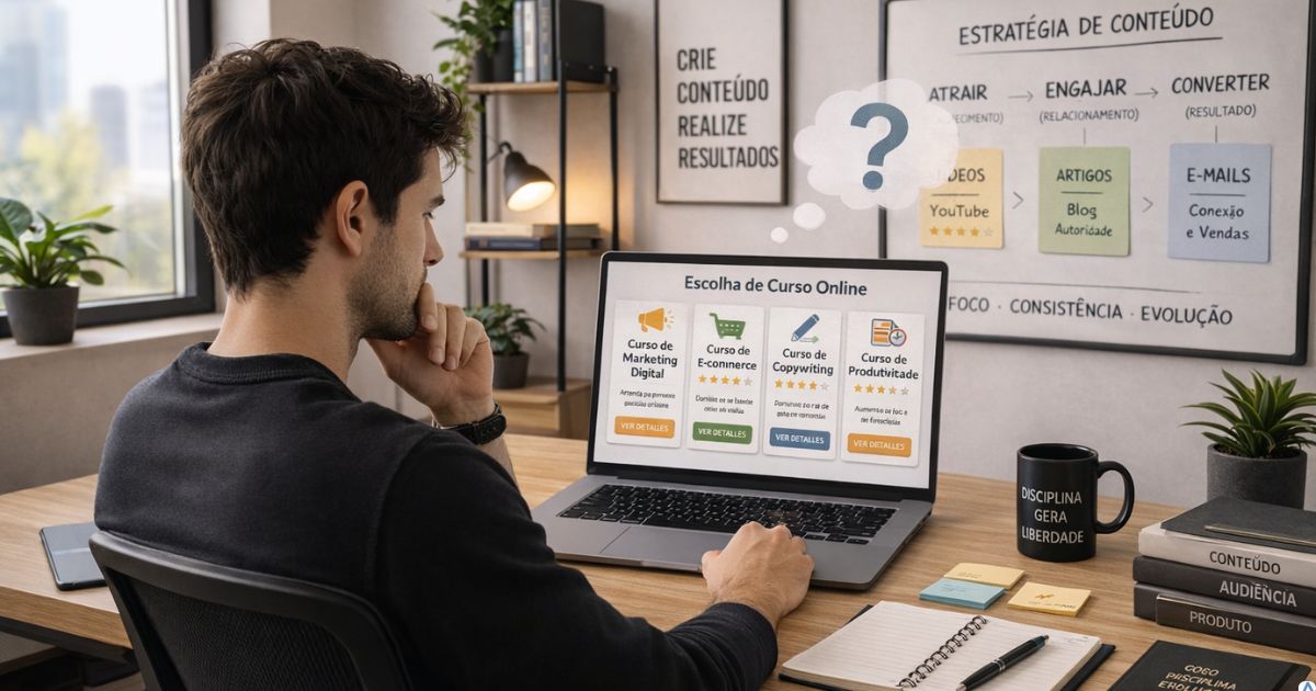 pessoa com vários cursos abertos no notebook com expressão de dúvida tentando decidir por onde começar