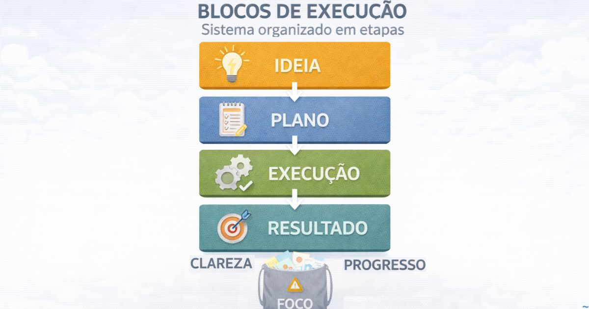 Representação visual de organização em blocos de execução, fluxo claro e progressivo