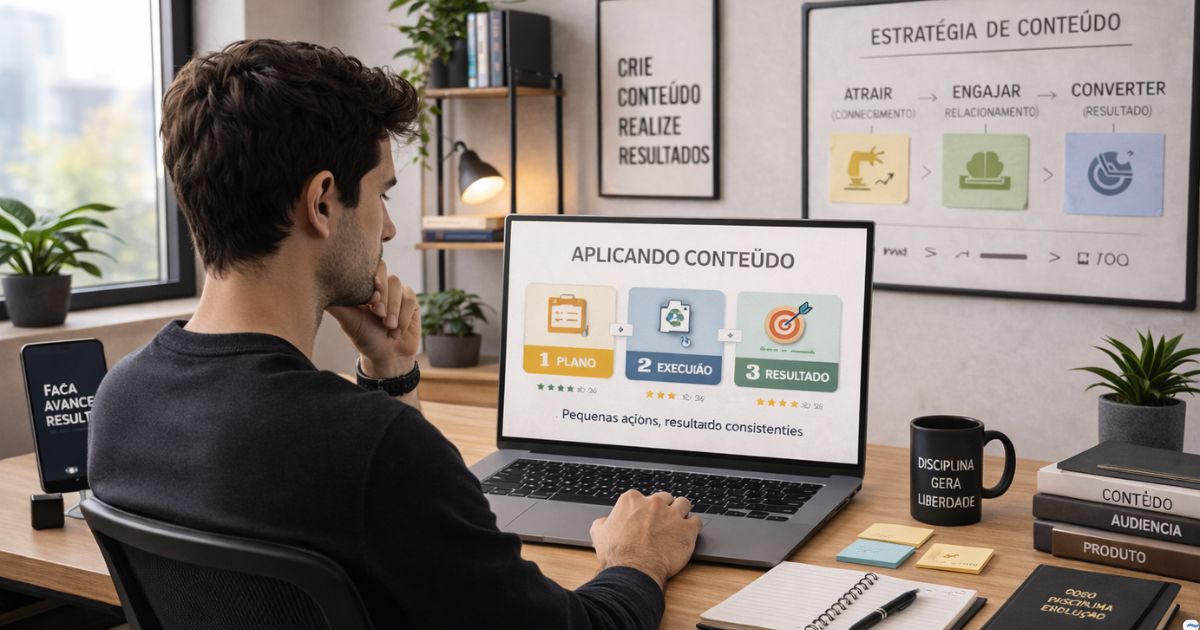 Criador aplicando conteúdo com foco e clareza, ambiente organizado e sensação de progresso consistente