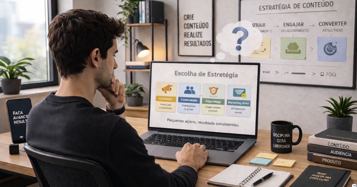 Pessoa analisando diferentes estrat�gias no notebook com express�o de d�vida, representando dificuldade em manter consist�ncia no marketing digital