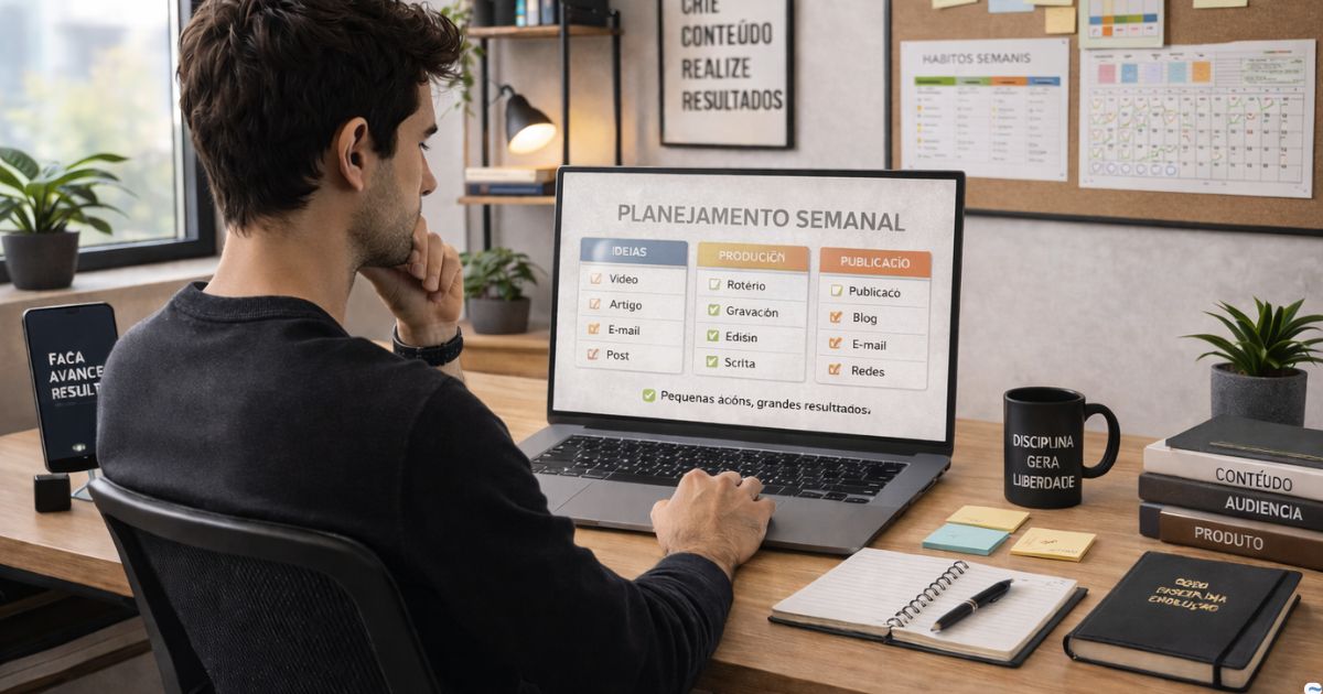 Criador trabalhando com clareza e rotina organizada, sensa��o de consist�ncia e evolu��o