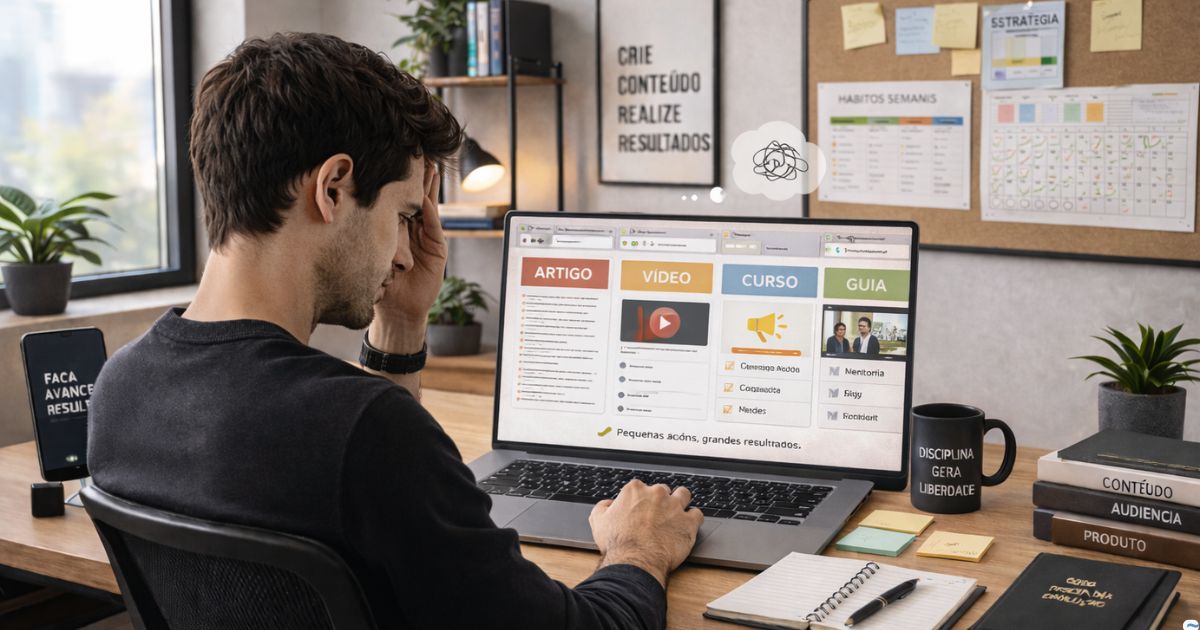 Pessoa estudando com várias abas abertas no notebook e expressão de sobrecarga, representando excesso de informação sem aplicação no marketing digital