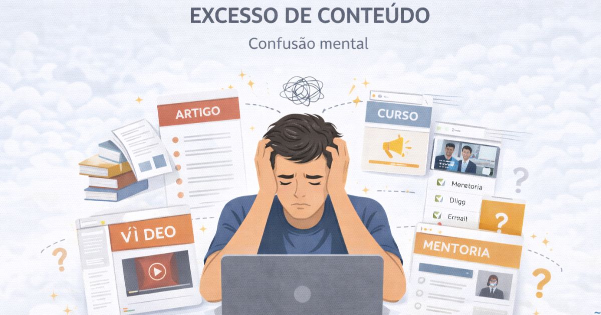 Ilustração representando excesso de conteúdo e confusão mental, estilo minimalista educativo