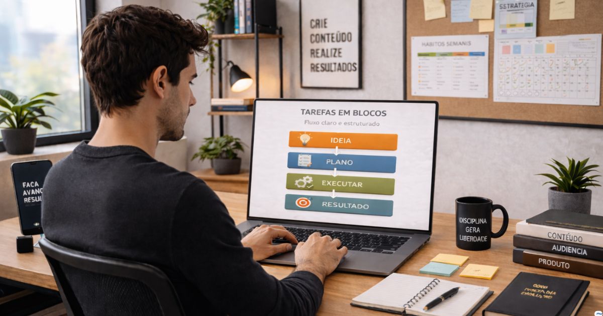 Criador trabalhando com foco e clareza, ambiente organizado e sensação de progresso consistente