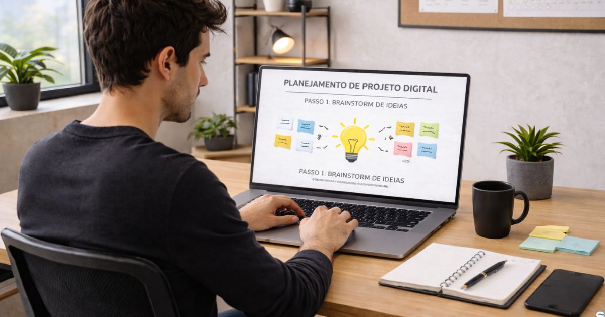 Pessoa planejando um projeto digital no notebook em ambiente organizado, representando in�cio estruturado no marketing digital