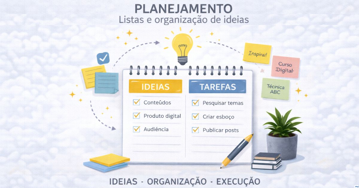 Ilustra��o de planejamento com listas e organiza��o de ideias, estilo limpo e educativo