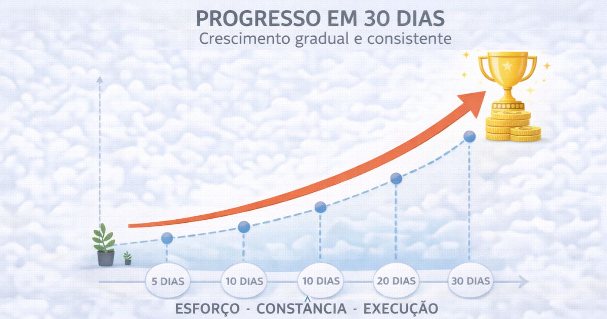 Representa��o visual de progresso ao longo de 30 dias, crescimento gradual e consistente