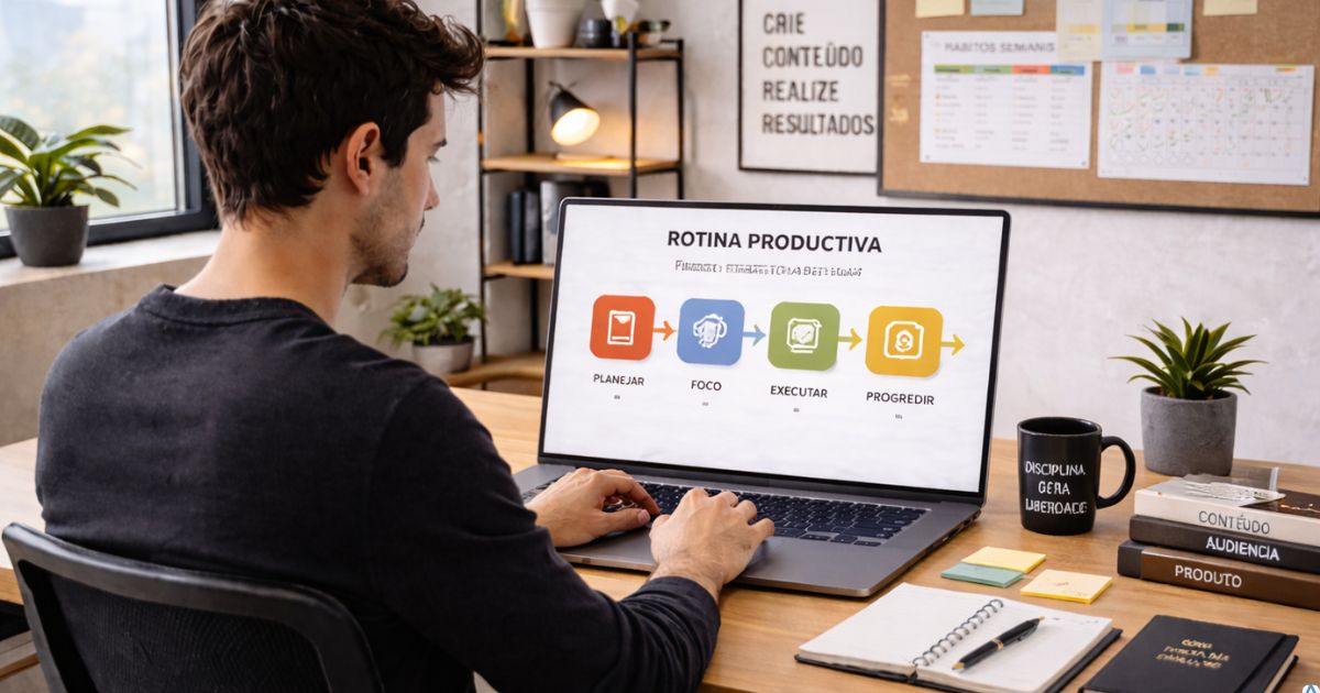 Criador trabalhando com rotina estruturada e sensa��o de progresso cont�nuo, ambiente organizado