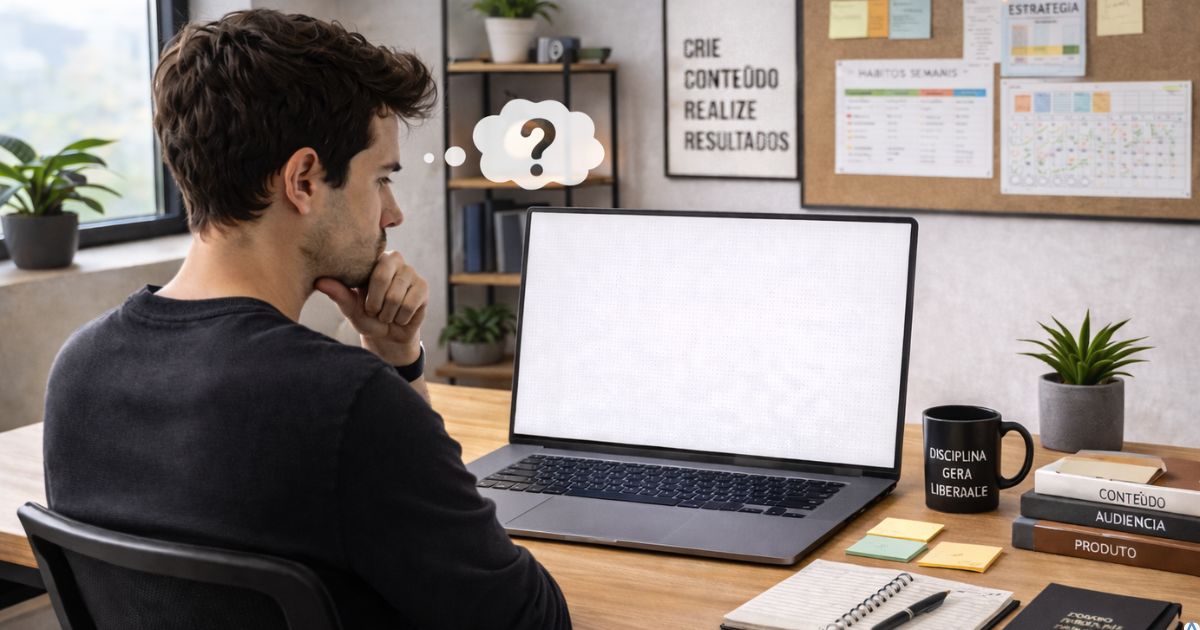 Pessoa olhando para o notebook com express�o de d�vida, representando falta de clareza sobre o pr�ximo passo no marketing digital