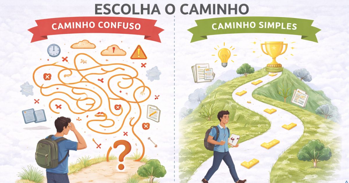 Ilustra��o com caminhos confusos de um lado e um caminho simples do outro, estilo educativo